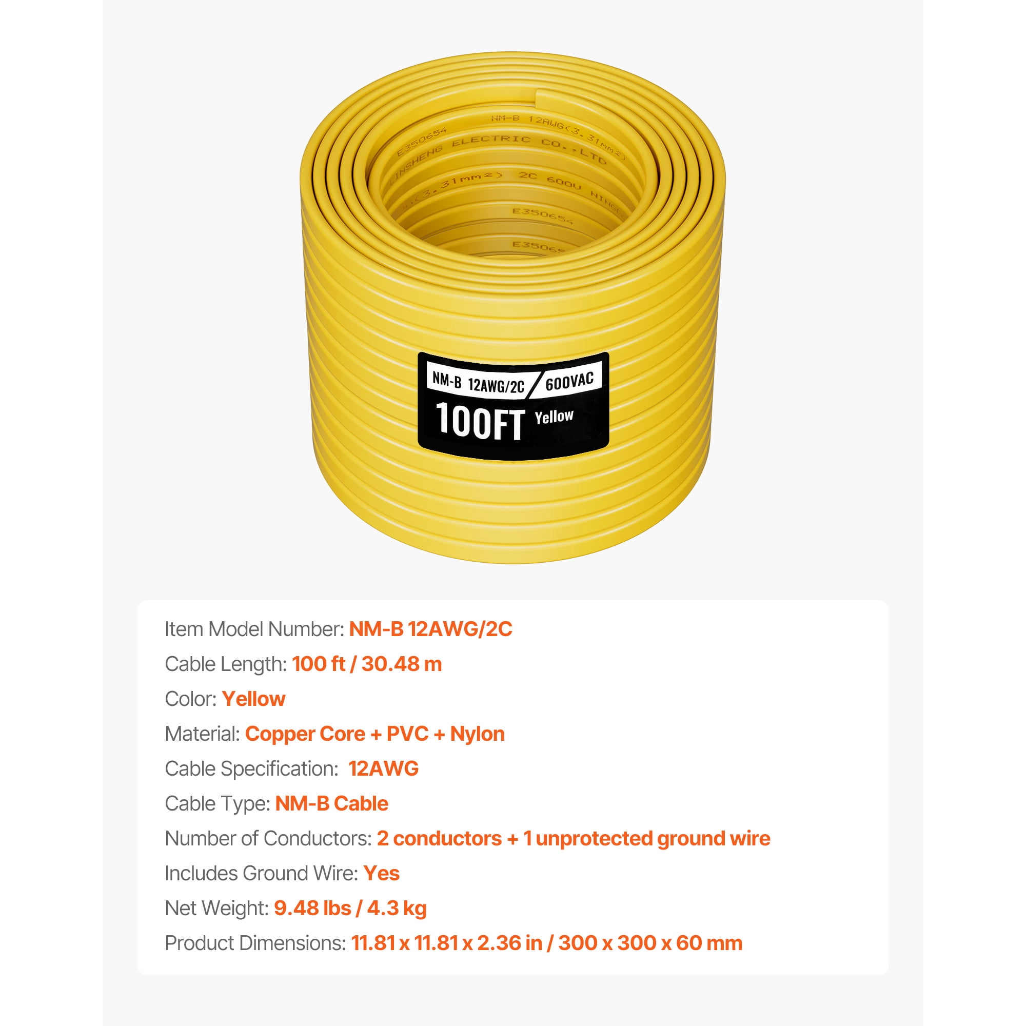 KFFKFF 12AWG/2C Non-Metallic Residential Indoor Electrical Wire with Ground, PVC Sheathed Copper Core Cable for Outlets, Switches, Lighting, and Wiring Projects (100 ft)