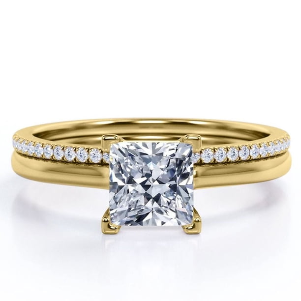 JeenMata Anillo Nupcial de 1,50 Quilates con Corte Princesa, Engaste en Garras y Detalles Pavé en Baño de Oro Amarillo de 18 K sobre Plata (Personaliza la Banda de Tu Anillo de Bodas)