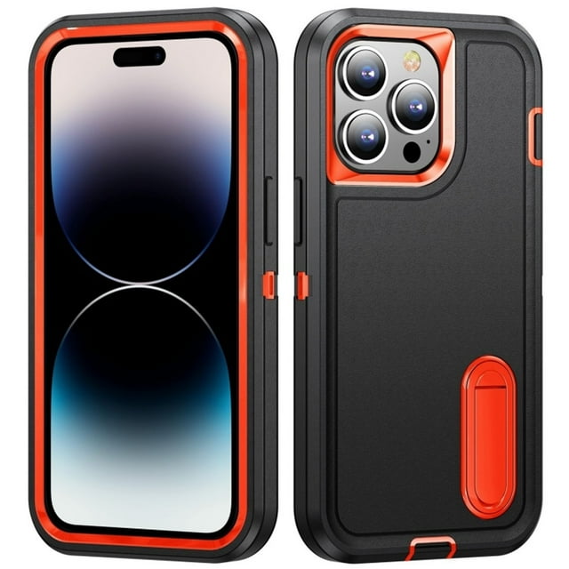 for iPhone 14 Pro Max Case, iPhone 14 Pro Max Phone Case with Built in Kickstand, Shockproof/Dustproof/Drop Proof Heavy Duty Military-Grade Rugged Protective Cover for iPhone 14 Pro Max,Black+Orange