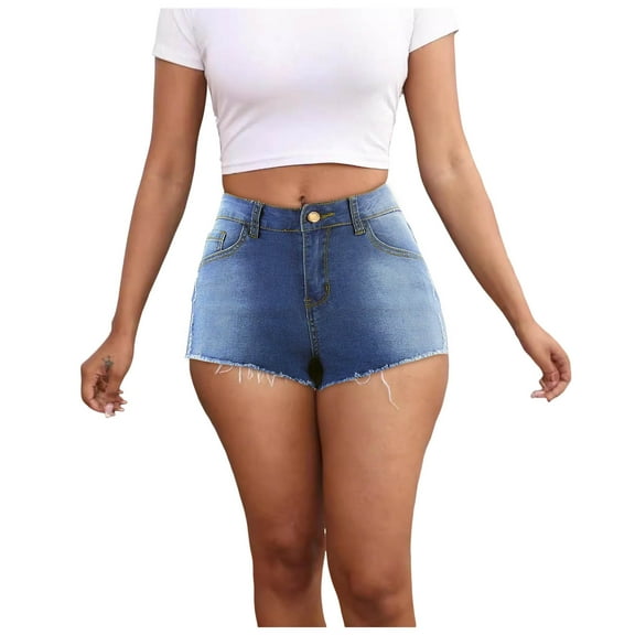 Pimfylm Women High Waisted Skinny Stretchy Denim Shorts Casual Summer Frayed Raw Hem Distressed Ripped Short Jeans Light Blue, XL