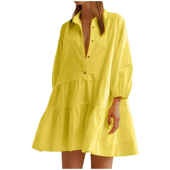 50% off Clear! Women's Mini Loose Shirt Dress Solid Color Elegant Casual Clearance Long Sleeve Trendy Lapel Button Spring Yellow S