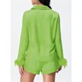 thumbnail image 4 of LMLYSoH Women's Satin Outfits Solid Color Lapel Long Sleeve Tops with Feather Cuffs + Shorts Set Fashion Clothes, 4 of 8