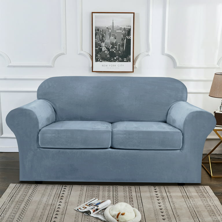 SHANNA Sofa Covers Stretch Velvet Couch Covers with Seperate Seat Cushion  Covers, Armchair /Loveseat / Sofa Slipcovers (Gray Blue, Loveseat Cover)
