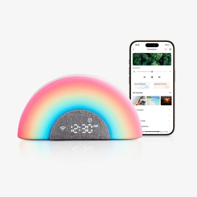 Momcozy DreamsyncTM Machine à Sons pour Bébé, Veilleuse, Entraîneur de Sommeil pour Bébé avec Contrôle par Application, Créateur de Routine, Machine à Bruit Blanc avec 34 Sons Apaisants, Réveil Lumineux au Lever du Soleil, Haut-Parleur Sans Fil