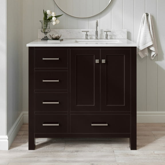 Ariel Cambridge 37 In. Right Offset Rectangle Single Sink Vanity With Carrara White Marble 0.75 In Countertop In Espresso