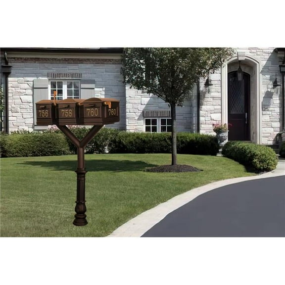 Qualarc PENPST3-700-LM-BRZ Penfield Triple Mailbox Post System, Decorative Ornate Base with 3 Lewiston Mailboxes - Bronze