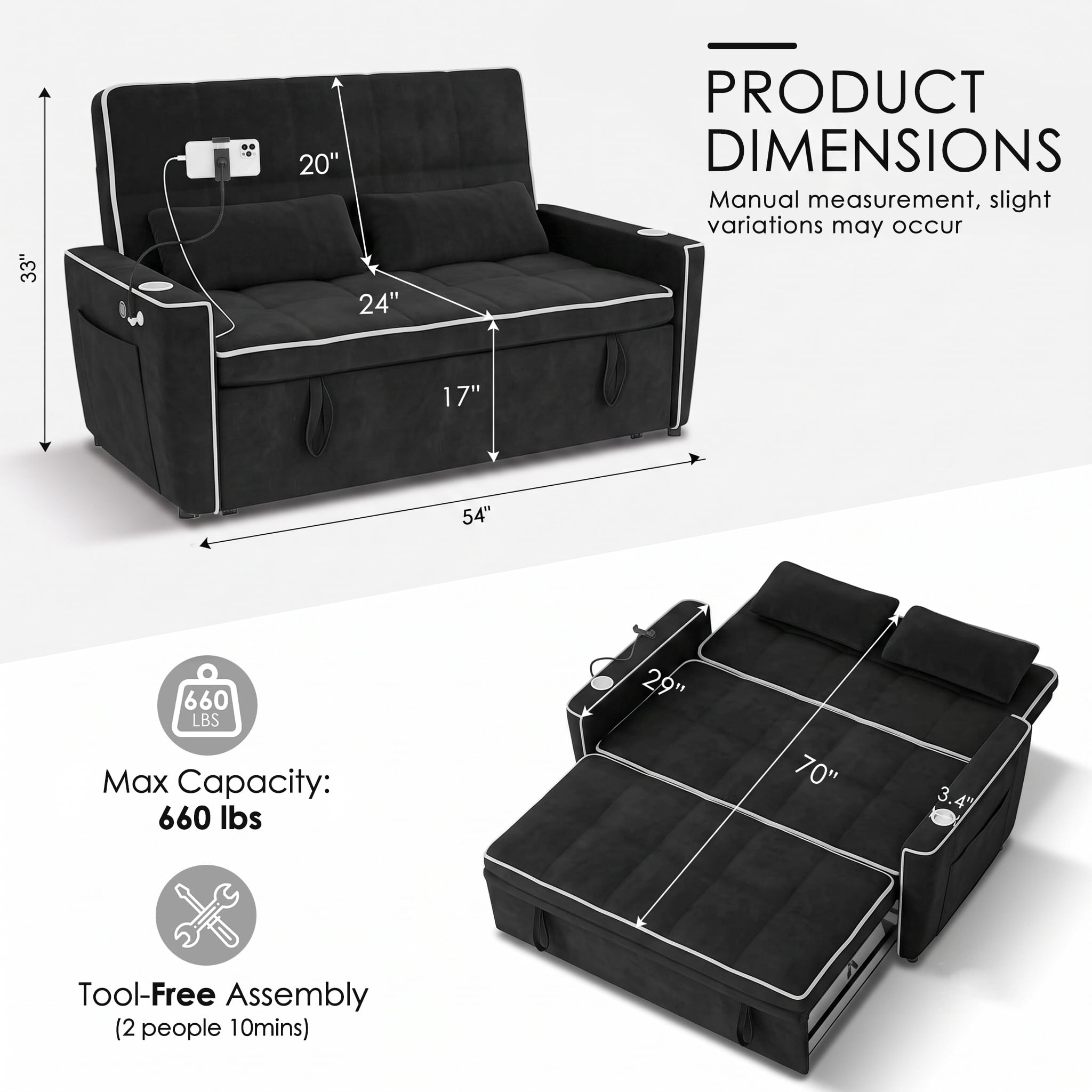 Howcool 54" Convertible Sleeper Sofa Bed, Pull Out Loveseat Couch with USB Port, Phone Holder & Cup Holder, Adjustable Backrest, Velvet Sofa for Living Room, Apartment, Black