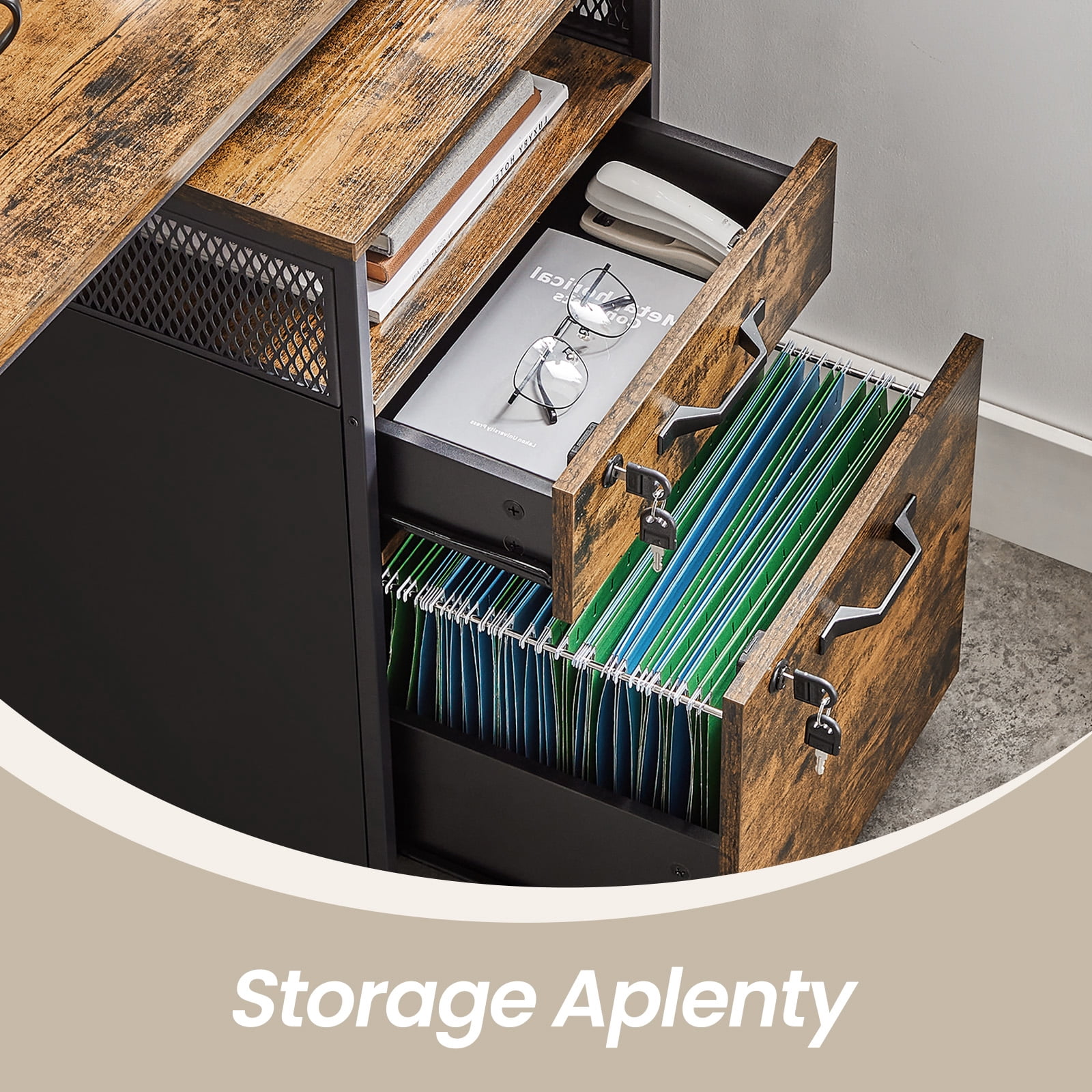 LEDREM Mobile 2-Drawer File Cabinet with Lock & Wheels, Steel Frame Office Storage for A4/Letter Files, Includes Open Shelf & Locking Casters, Rustic Brown and Black