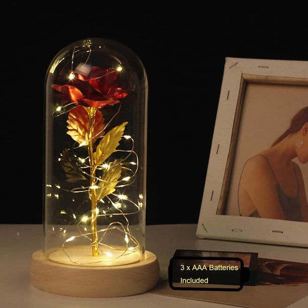La Bella y la Bestia Rosa en vidrio, 24K Rainbow Forever Rose con 20LED 2M String Light, pilas AAA incluidas para Navidad, Acción de Gracias, Boda, Aniversario, Día de la Madre, Día de San Valentín Fokelyi WMZL-842-2