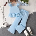 thumbnail image 2 of CAICJ98 Girls Summer Outfits Casual Soft Ruffle Sleeve Peplum Top & Wide Leg Pants Set Stylish Comfortable Kids Spring Clothes Set (Blue,9-10 Years), 2 of 4