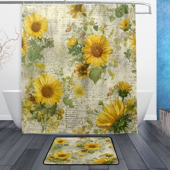 TTYFWHD 60" x 72" Shower Curtain and Bath Mat Set Vintage Faded Sunflowers Waterproof Bathroom Curtain with 12 Hooks, Bathroom Decor Set