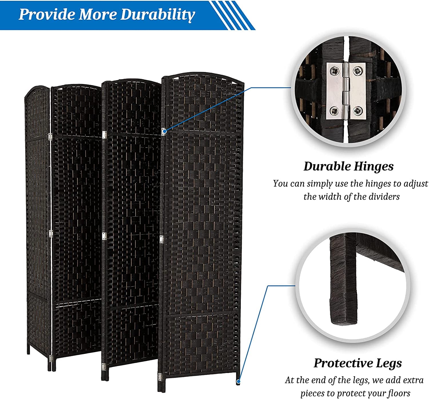WBTER 6-Panels Tall Rattan Room Divider, 6 FT Folding Privacy Screen, Indoor Partition Wall Dividers, Freestanding Hinged Space Separator (Black)