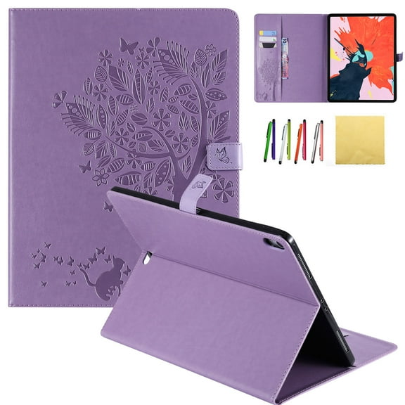 iPad Pro 12.9 2018 Case, Allytech Embossed Cat & Tree PU Leather Stand Folio Wallet Case Cover with Credit Card Slots for New Apple iPad Pro 12.9 Inch 3rd Gen 2018 Release, Purple