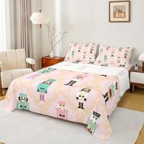 Castle Fairy Cartoon Nutcracker Girl 3pcs Twin Sheet Sets,Geometric Plaid Twin Fitted Sheet,Merry Christmas Breathable Flat Sheet,Breathable Home Decor