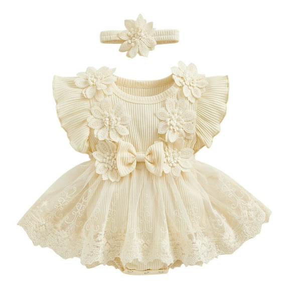 Newborn Baby Girls Rompers Dress Cute Flower Short Sleeve Mesh Tutu Dress with Headband Birthday Princess Dress