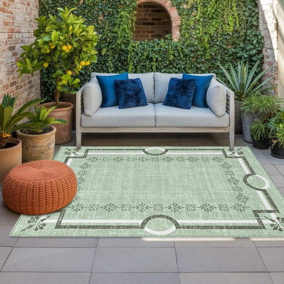 Outdoor Rug 3x5 ft Sage Green Linen Border Outdoor Large Area Rug Non Slip Rubber Floral Lines Frame Front Door Mat RV Rug Camping Carpet Patio Outdoor Rugs for Backyard Balcony Deck Porch Indoor