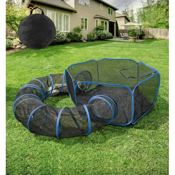 Senhu Outdoor Cat Enclosures, Portable Cat Tent for Outside Cat Playpen Enclosed with Tunnel, Catio Cat Enclosure for Indoor Cats and Other Small Animals Blue