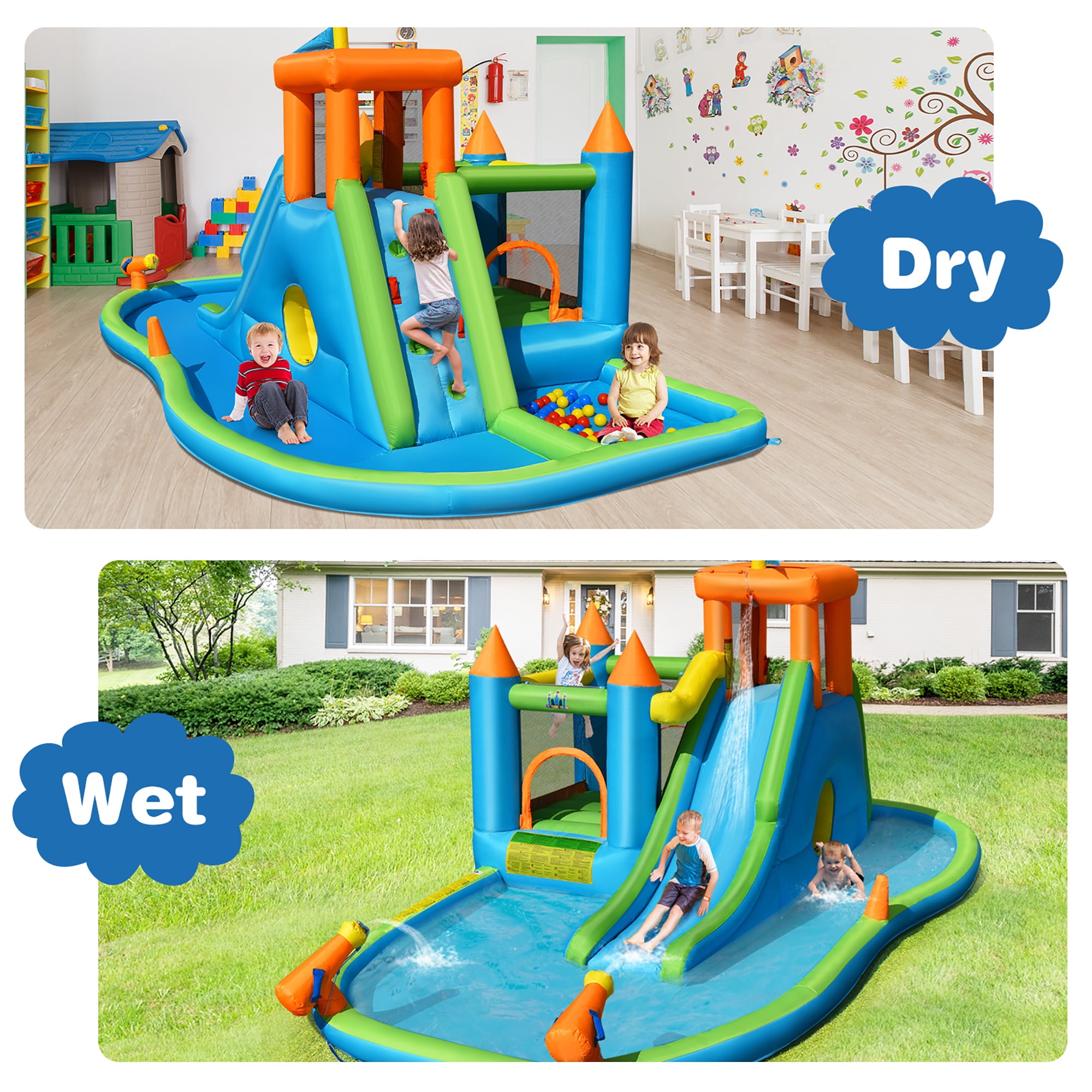 Costway Bountech Inflatable Water Slide Kids Bounce House Splash Pool without Blower for Toddler, Bouncy Water Park