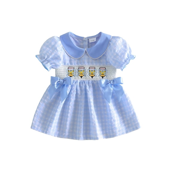 BemeyourBBs Kids Toddler Girl Back To School Dress Outfit Little Baby Girl Pre Kindergarten Outfits Casual Bow Pencil Embroidered Plaid Doll Collar Puff Short Sleeve A Line Smocked Dress