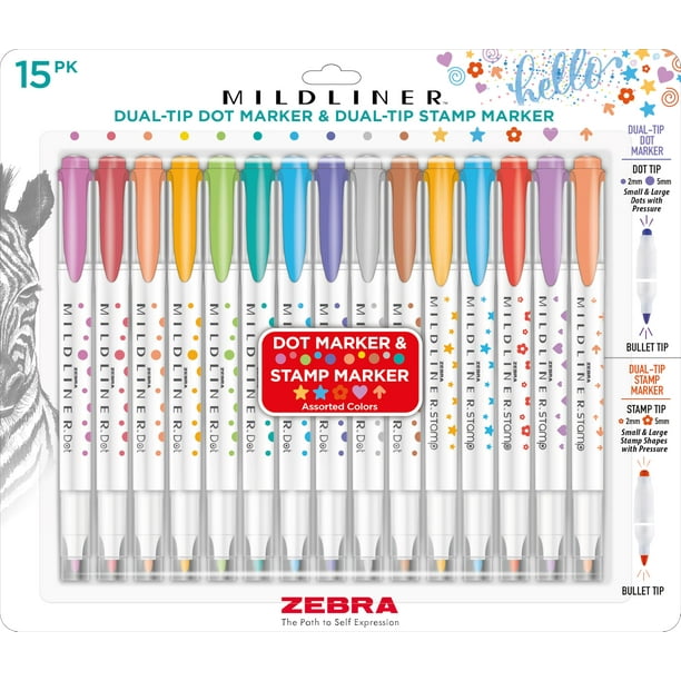 Marcadores Zebra Pen Mildliner con Punta Doble de Punto y Sello, Paquete de 15