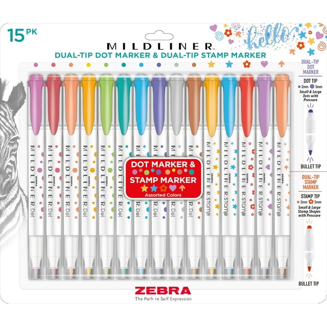 Marcadores Zebra Pen Mildliner con Punta Doble de Punto y Sello, Paquete de 15