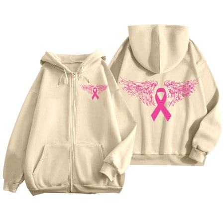 Womens Hoodie Cancer Print Full Zip Hoodie Drop Shoulder Oversized Street Womens Sweatshirts Beige L