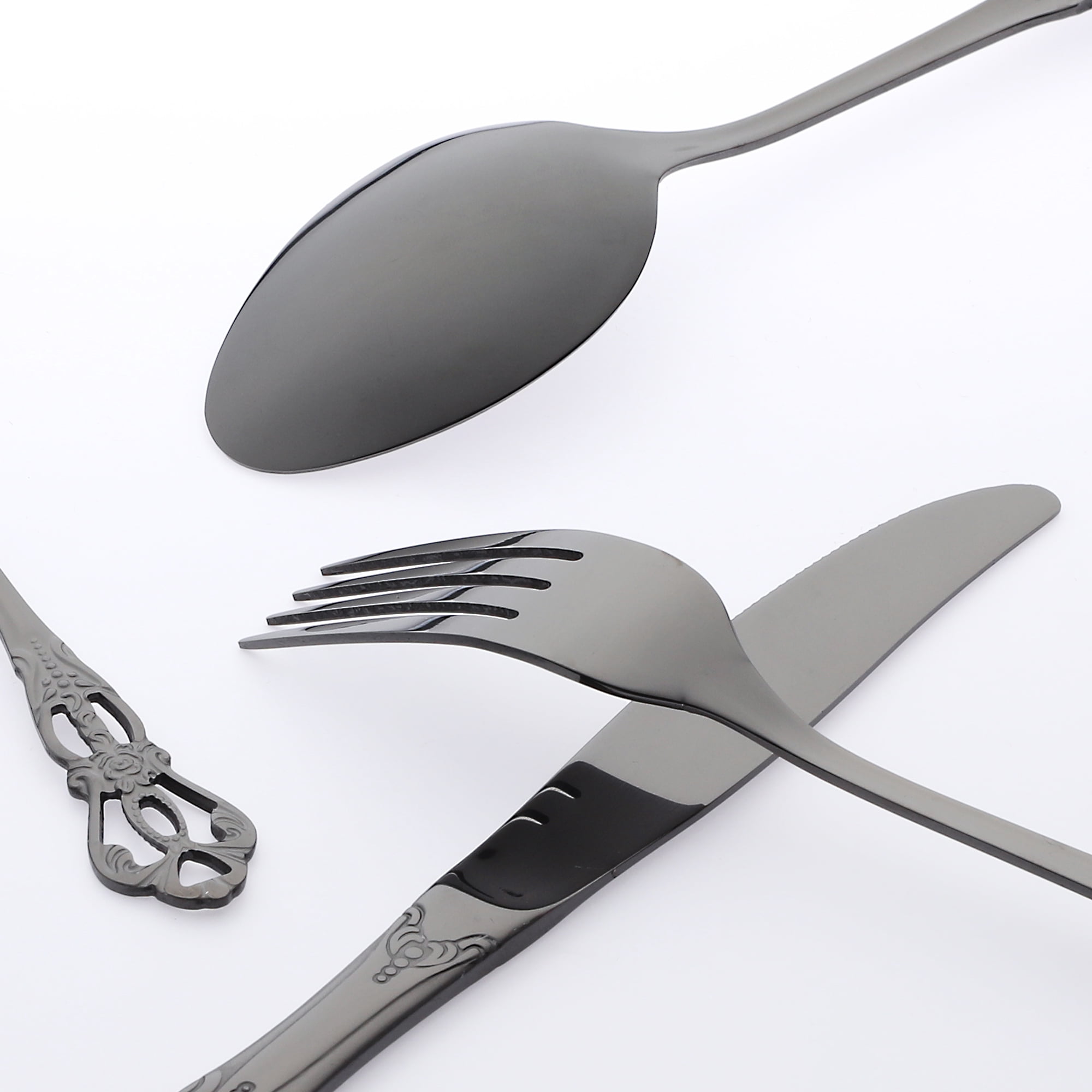Unique Bargains 24 Pcs Silverware Set Stainless Steel Floral Flatware Set Black