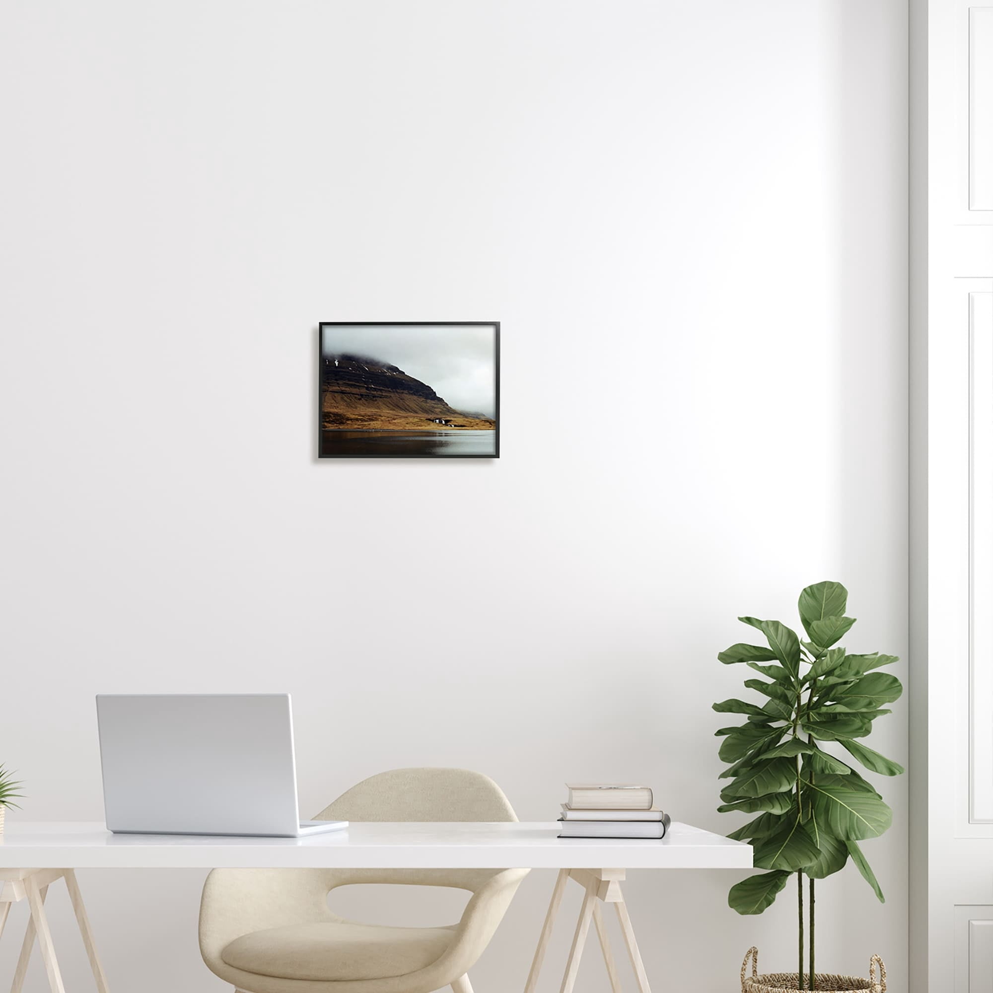 Stupell Industries Lake Side Cliffs Looming Fog Plateau Landscape Photograph White Framed Art Print Wall Art, Design by Lynann Colligan