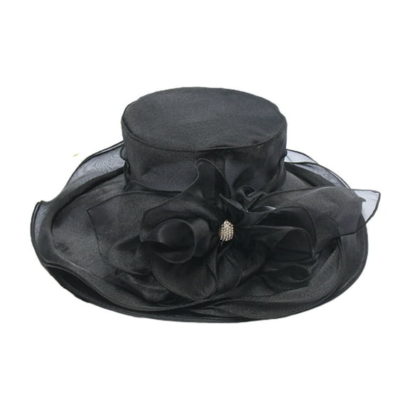 UDIYO Women Church Cap Wide Brim Cloth Flower Temperament Foldable Rhinestones Buckle Hat for Wedding