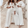 thumbnail image 3 of Conjunto De Dos Piezas De Pierna Ancha Con Lazo En La Parte Delantera Y Pantalones De Pierna Ancha Con Cuello En V Top Corto Y Pantalones Top De Manga Larga Y Pantalones Anchos ANGGREK Ropa, 3 of 6
