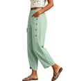 thumbnail image 6 of longantii Linen Pants Women Elastic Waist Side Button Capri Pants Cropped Boho Wide Leg Palazzo Pants Summer Beach Lounge Pant Capri Trousers with Pockets Green L, 6 of 7