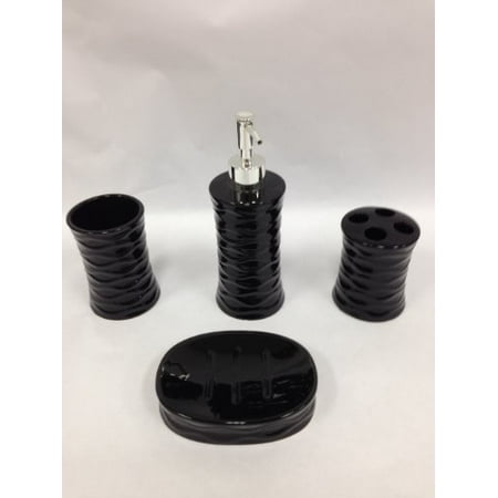 - 4 Piece Ceramic Bath Accessory Set: Soap Dispenser, Tumbler, Toothbrush Holder, Soap Dish (Black)