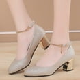 thumbnail image 3 of Modisza Women's Pumps Low Chunky Block Heel Dress Shoes Ankle Strap Closed Round Toe Shiny Work Heels for Wedding Party Gold 5, 3 of 9