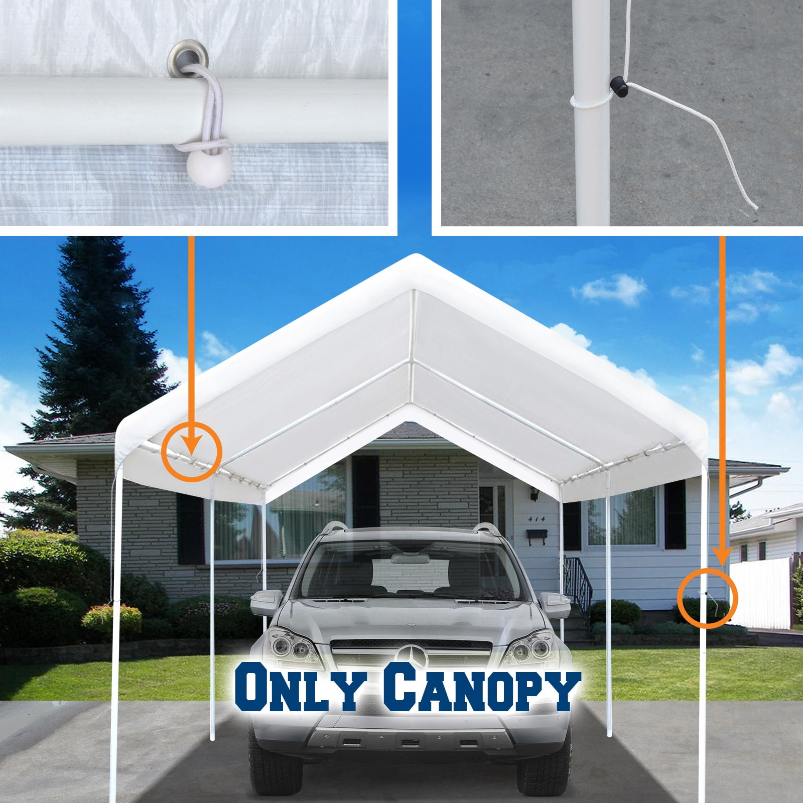 Sunrise 20'x10' Carport Replacement Canopy Tent Top Garage Shelter Cover W Ball Bungees