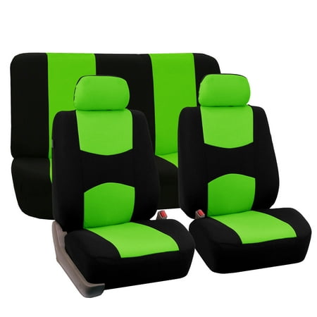 FH Group Universal Flat Cloth Fabric 2 Headrests Full Set Car Seat Cover, Green and Black