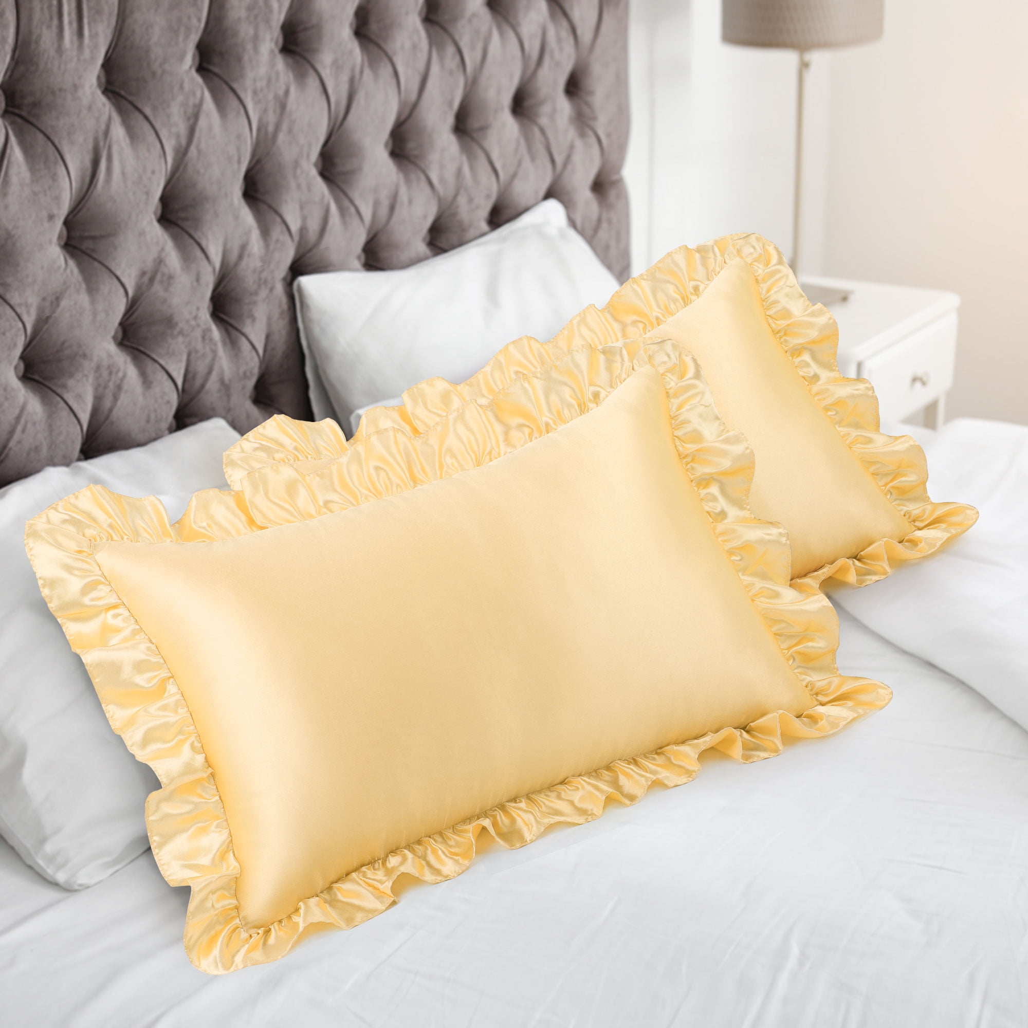 PiccoCasa 2Pcs Satin Ruffled Pillowcase Gold Standard