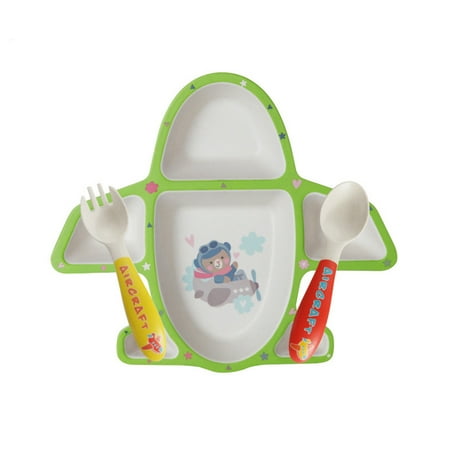 CreativeArrowy 3 Pcs Bamboo Fiber Airplane Shape Plate Eating Bowl Fork Spoon Set Baby Tableware for Children
