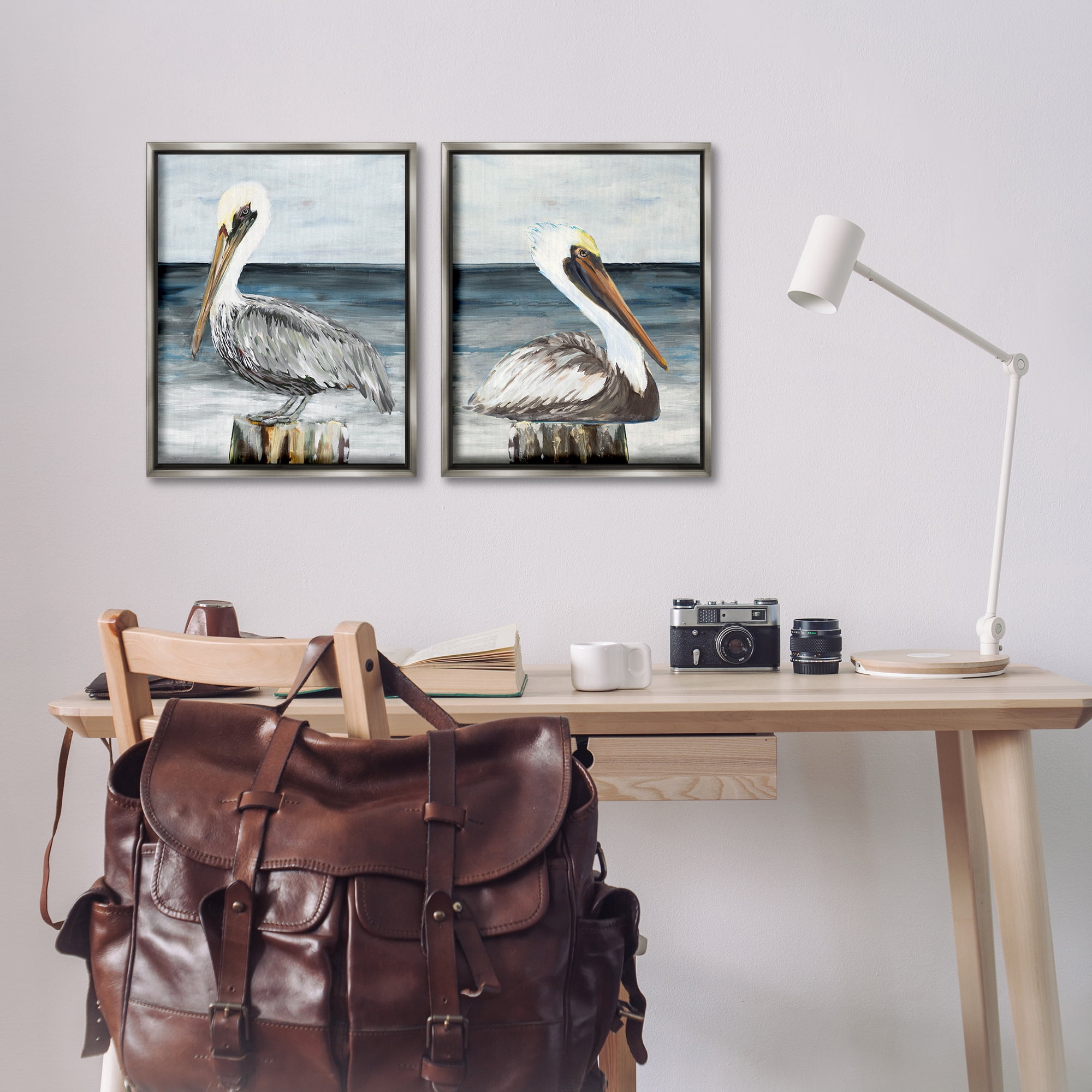 Stupell Industries Beachfront Pelican Log Animals Painting Gray Floater Framed Canvas Art Print Wall Art, 17 x 21, Set of 2