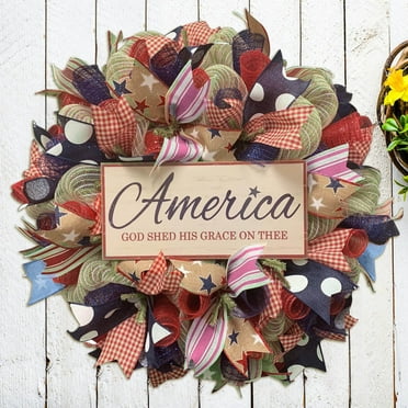 XIAOLE Fourth Of July Wreath Porch Front Door Outdoor Hanging Wreath Decor, American Flag Wreath 4th Of July Patriotic Wreath, Summer Outdoor Welcome Sign Ornament Independence Day
