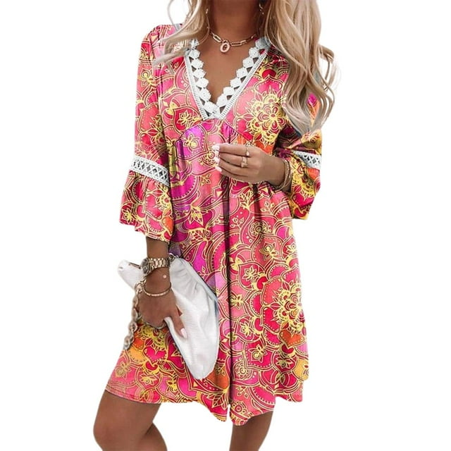 Robe Maxi Basique pour Femmes, Ample, en Dentelle Rem, Robe Décontractée à Manches Mi-Longues, Tenue de Vacances