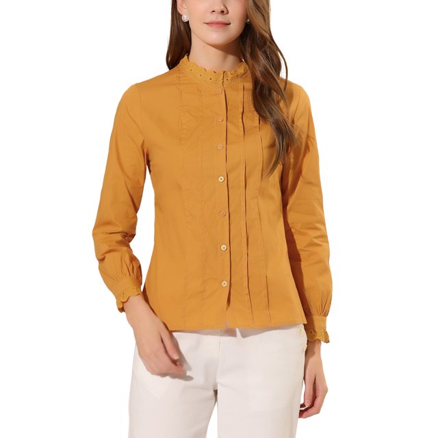 INSPIRE CHIC Chemise Boutonnée en Coton à Col Montant en Dentelle à Manches Longues pour Femme P Jaune Gingembre