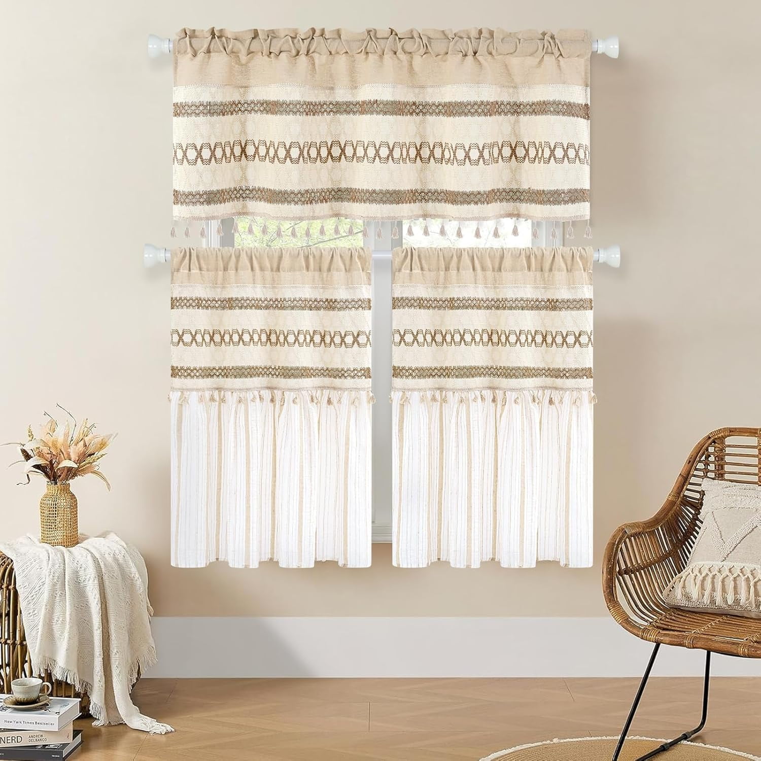 Alishomtll Boho Linen Valance Curtains 18 Inches Long Farmhouse Rustic Striped Window Drapes Macrame Burlap,Rod Pocket ,Beige ,with Tassel