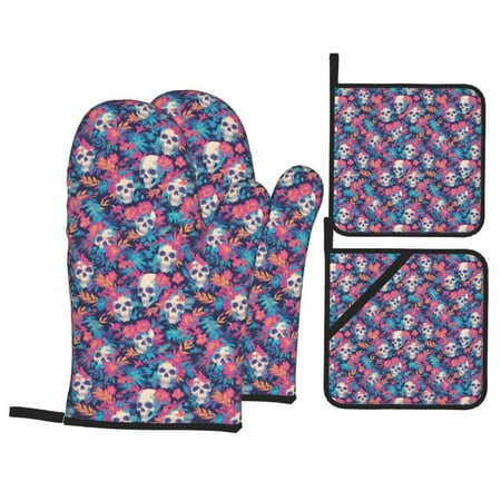 

Oven Mitts and Pot Holders 4 pcs Set flower Skull leaf colorful Heat Resistant Pot Holders Oven Mitts for kitchen Non-Slip Hanging Loop Oven Glove Potholders for Baking Cooking