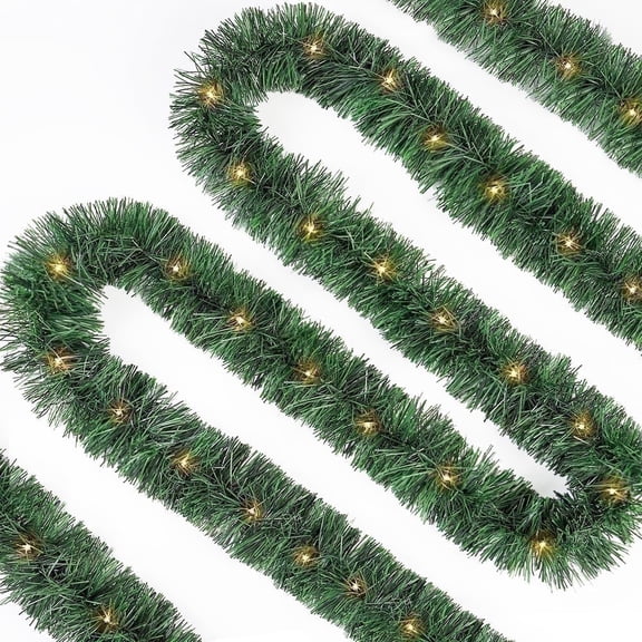 50FT Artificial Christmas Garland, 100 Pre-Lit LED Lights Battery Operated Xmas Garland for Indoor Outdoor Door Home Stairs Holiday Decor, Warm White