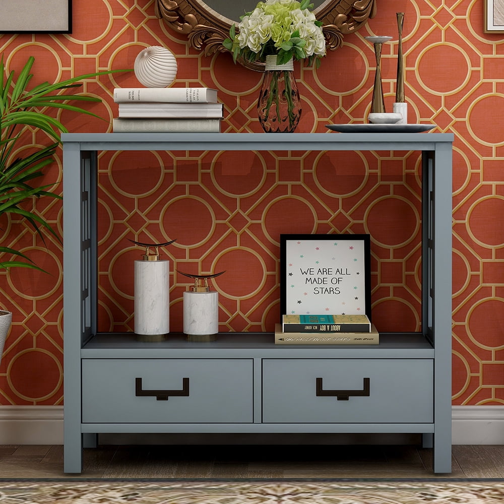 Kepooman Wooden Farmhouse Console Sofa Table with 2 Bottom Drawers for Entryway, 36“L x 13”W x 30”H, Antique Navy Kepooman Wooden Farmhouse Console Sofa Table with 2 Bottom Drawers for Entryway, 36“L x 13”W x 30”H, Antique Navy