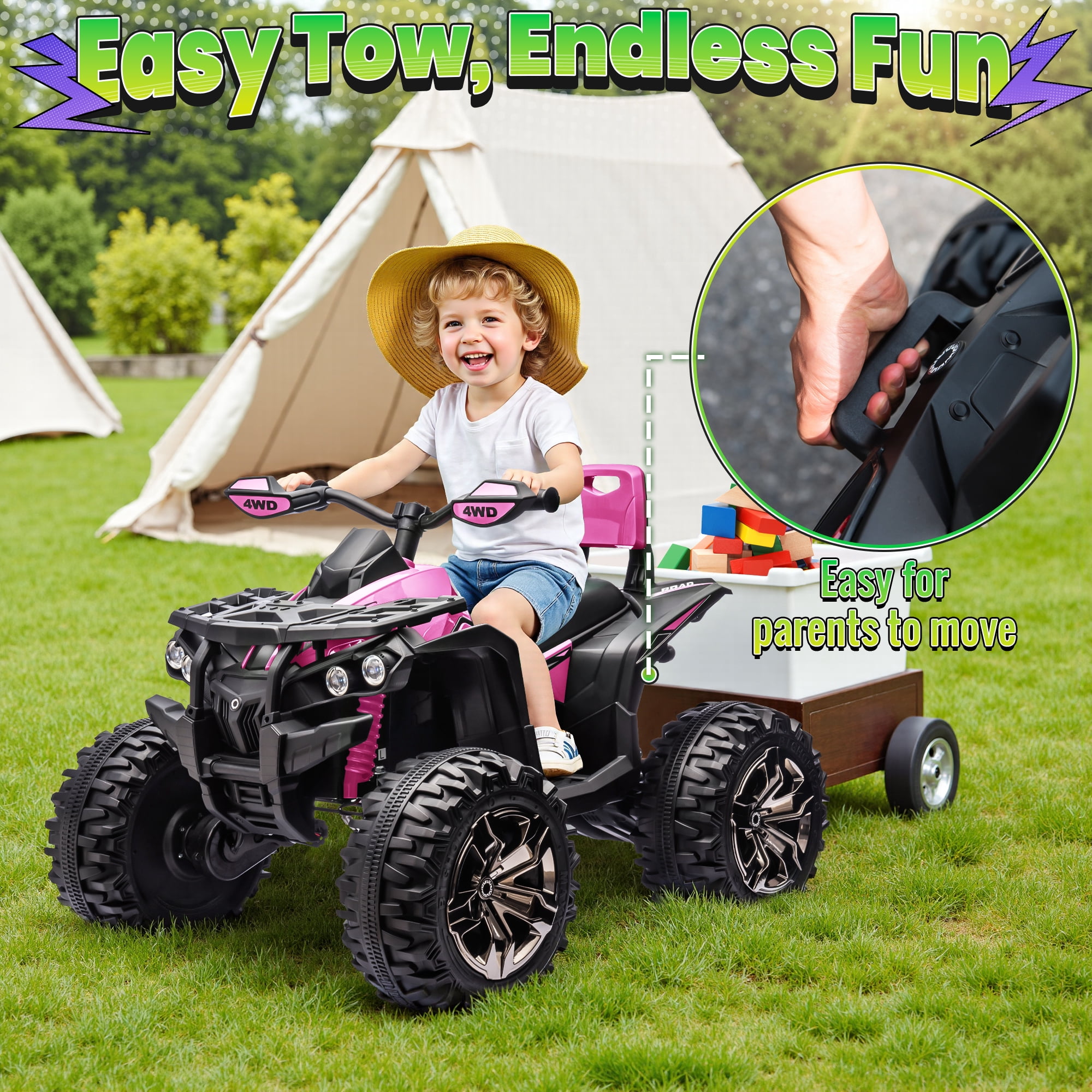 4WD 24V Ride ons ATV, Joyracer 4 Wheeler for Kids, Power Car Wheels with 4x200W Motor, Bluetooth/MP3, Horn, Music, LED for Big Kids Gift, Pink
