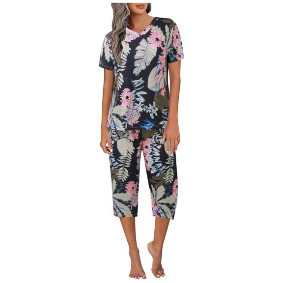 Siilsaa Women's Sleepwear Capri Pajama Sets Short Sleeve Two-Piece Pjs V Neck Tops & Capri Pants with Pockets Dark Blue,S