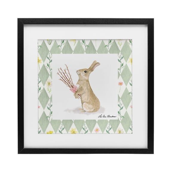 Bouquet Bunny on Green Argyle Black Framed Print Under Glass, design by Lee Ann Sanders
