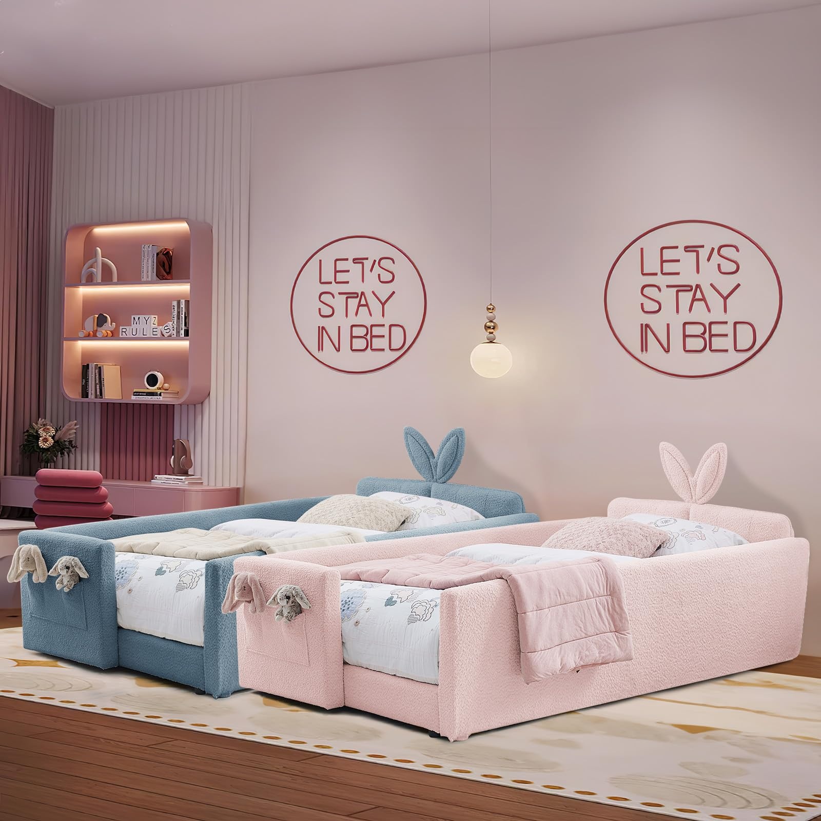 Deiokin Twin Size Bunny Ear Platform Bed Frame, Upholstered Boucle Fabric Bed Frame with Safety Rail & Storage Pocket