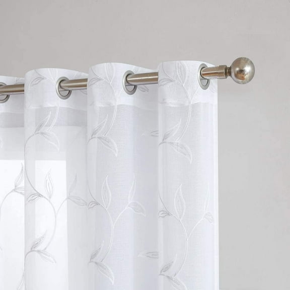Warm Home Designs Pair of Standard Length 54" x 84" Sheer White Curtains with Silver Grey Leaf Embroidery. M Silver 84